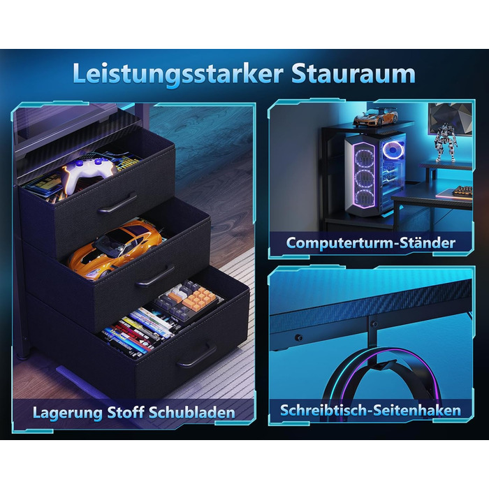 Ігровий стіл Coleshome з шухлядами, 15150 см, ігровий стіл зі світлодіодним освітленням та розеткою, комп&39ютерний стіл з полицями та підставкою для монітора, чорний колір з вуглецевого волокна