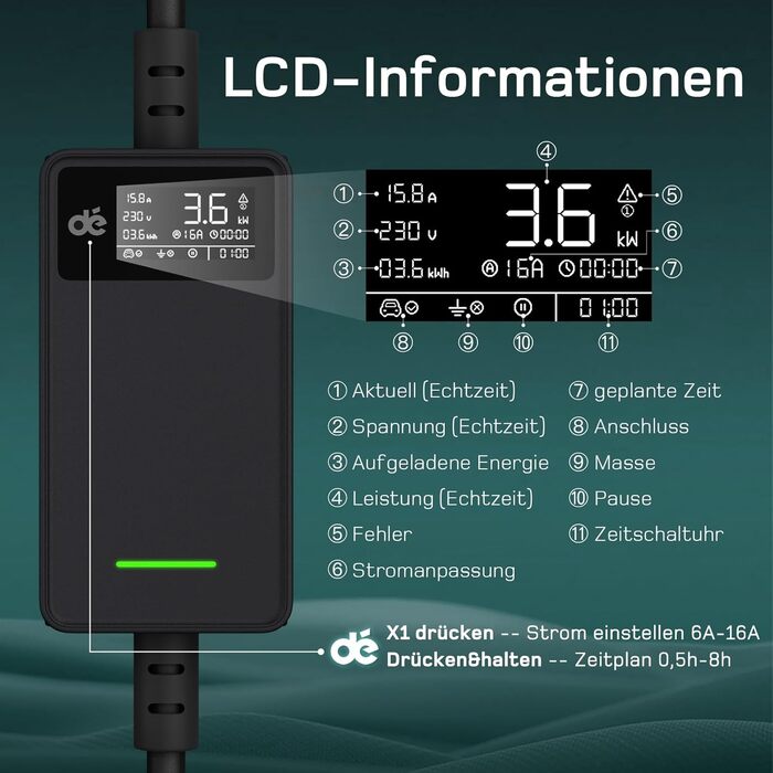 Зарядний кабель електромобіля тип 2 Schuko - 3.68кВт 1-фазний, 6м, 6-16А тип 2 до Schuko з керованим цифровим дисплеєм - Зарядний