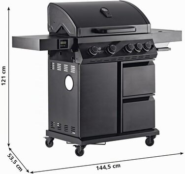 Газовий гриль LANDMANN COOL BLACK 4.1 maxX Гриль-візок з 4 пальниками, бічним пальником та зоною maxX до 800 C З решіткою для підігріву, великою робочою поверхнею, двостінною кришкою та бічними столиками