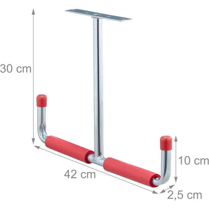 Гачок для стелі, Т-профіль, до 25 кг, для містка для зберігання, сталь з оббивкою, В х Ш 30 х 42 см, сріблясто-червоний, 6 шт.