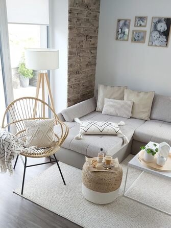 Пуф Beliani для дому, двоколірний джут, бежева бавовна, білий EPS, круглий, 46 см, Boho Dalama