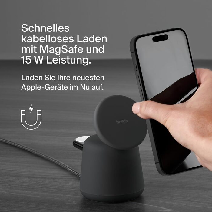 Бездротова зарядна станція Belkin BoostCharge Pro 2-в-1 з MagSafe (15 Вт), зарядний пристрій MagSafe, сумісний з iPhone серій 16,