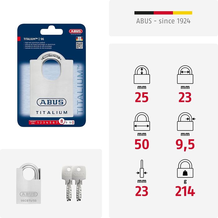 Замок навісний ABUS Titalium 96CSTI/50 корпус із міцного спеціального алюмінію, з вбудованим захистом дужки, рівень безпеки ABUS 8, сріблястий, універсальний розмір