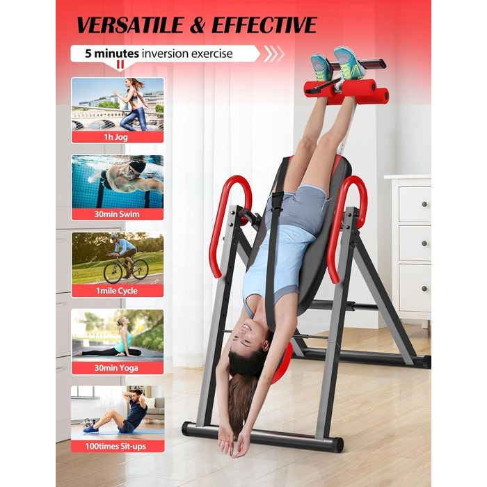 Регульований/складаний інверсійний стіл YOLEO з потрійним блокуванням безпеки, гравітаційний тренажер з ременем безпеки для терапії та полегшення болю в спині/шиї, червоний
