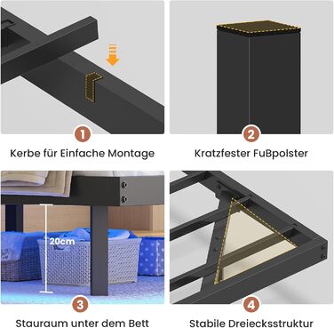 Каркас ліжка AOGLLATI 180x200, Металеве ліжко зі світлодіодним освітленням та зарядною станцією, Плаваючий каркас ліжка з полицями для зберігання, Металеве ліжко з рейковою основою, Двоспальне ліжко, Чорний (матрац не входить до комплекту), 180 x 200 см, 