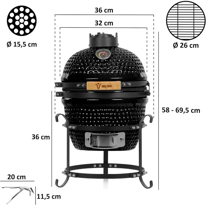 Вугільний гриль Haiiro Ø 32 см з термометром, дерев'яна ручка чорний керамічний гриль Kamado, міні-гриль на вугіллі, міні-гриль ка