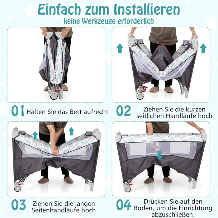 Дитяче ліжечко DREAMADE 120 x 60 см з колесами, дорожнє ліжечко 4 в 1 з матрацом, складне дитяче ліжечко як пеленальний столик та манеж, дорожнє ліжечко для малюків від народження (сіре)
