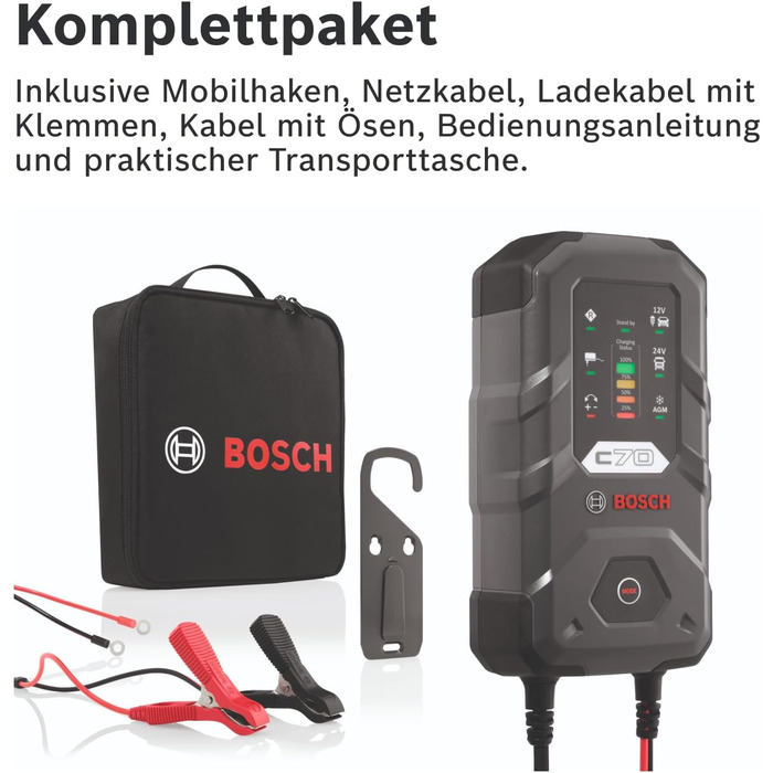 Зарядний пристрій Bosch C70, 10 ампер, з функцією крапельного заряду - Автомобільний зарядний пристрій для свинцево-кислотних, AGM