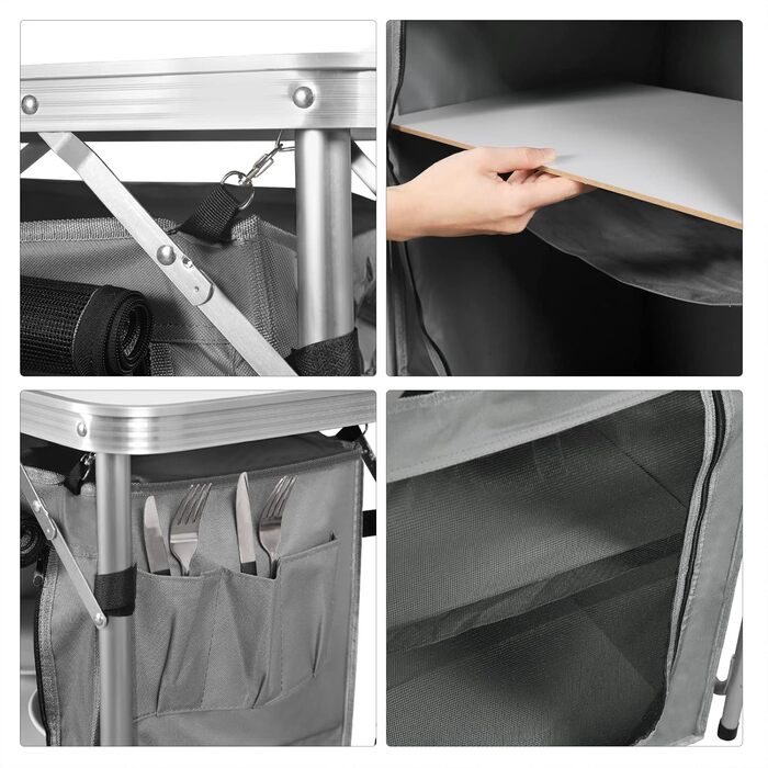 Складана кемпінгова шафа/кемпінгова кухня WOLTU, включаючи сумку для перенесення з алюмінієвою рамою, портативні/складні меблі для кемпінгу на відкритому повітрі з алюмінію та МДФ для пікніків, пляжу, використання на свіжому повітрі, білий сірий