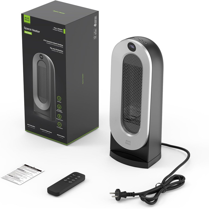 Енергозберігаючий вентилятор-обігрівач Minthouz, 2000 Вт, тихий, 3 режими нагріву для дому з еко-режимом, коливання 70, 12-годинний таймер, захист від перекидання для дому, офісу, вітальні, приміщень