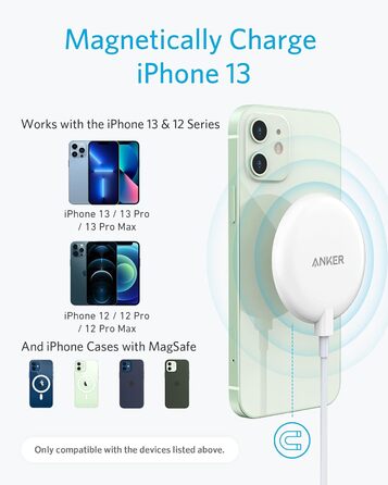 Магнітна бездротова зарядна панель Anker 313, бездротовий зарядний пристрій з кабелем USB-C довжиною 150 см, підходить лише для iP