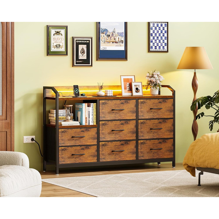 Комод ODK, шафа з шухлядами та світлодіодною стрічкою (10 регульованих кольорів), 2 розетки USB та 2 розетки змінного струму, 8 тканинних шухляд, комод для вітальні/спальні, 110*30*88 см, вінтажний