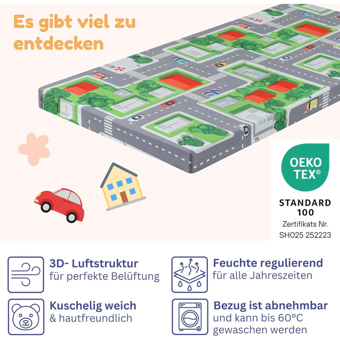 Дитячий дорожній матрац Arensberger 60x120 см Висота 6 см Складаний дитячий матрац Гелева піна зі знімним чохлом та сумкою для перенесення Матрац для дитячого ліжечка Складаний ігровий матрац Oeko-Tex