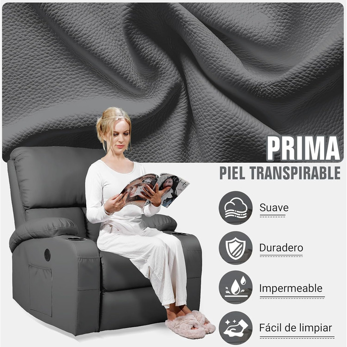 Крісло-гойдалка з функцією відкидання спинки, масажне крісло з вібрацією та підігрівом, порти USB та Type-C, крісла зі штучної шкіри, що обертаються на 360, підходить для вітальні, спальні, дитячої кімнати, кемпера, темно-сірого кольору.