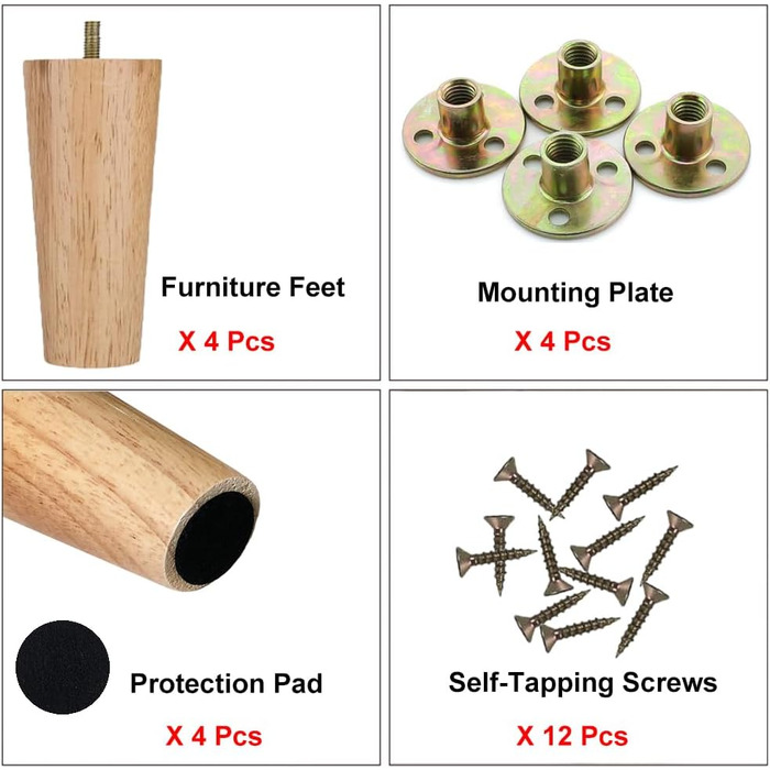 Дерев&39яні ніжки для меблів, 4 шт., конічні ніжки для меблів, змінні ніжки для дивана 12 см, дерев&39яні ніжки для меблів, ніжки для шаф, ніжки для шафи з монтажною пластиною, гумові накладки для столу, дивана, ліжка, шафи, кушетки, 4 шт./12 см