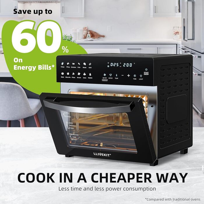 Міні-духовка для фритюрниці LLIVEKIT 26 л, фритюрниця XXL потужністю 1700 Вт з 12 програмами та книгою рецептів, конвекційна піч із цифровим світлодіодним дисплеєм, фритюрниця з попереднім нагріванням, підтримання тепла та розігрівання 26 л чорний