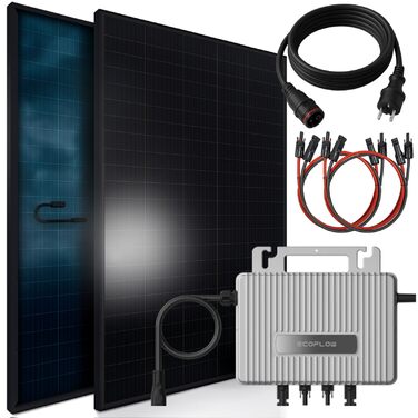 Балконна електростанція SUNNIVA 920 Вт ДВОХФАЗІАЛЬНА, ПОВНОГО ЧОРНОГО кольору, в комплекті з інвертором EcoFlow 800 Вт, повним комплектом фотоелектричної сонячної системи, 2 двосторонніми сонячними модулями типу N зі скловолокна потужністю 460 Вт, кабелем