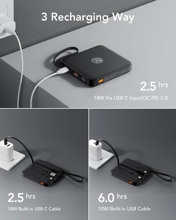 Із кабелем 10000 мАг. Маленький USB-C Power Bank. Швидка зарядка. 22,5 Вт. Міні-портативний зарядний пристрій. Зовнішній акумулятор. Маленький, але потужний акумулятор.