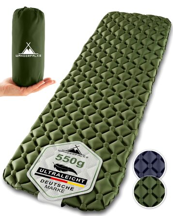 Надувний килимок для сну WANDERFALKE 550 г, ультралегкий - (XL ширина 66 см) - кемпінговий матрац з невеликим розміром упаковки для активного відпочинку, кемпінгу, піших прогулянок та велотуризму, зелений