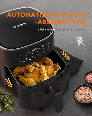 Аерофритюрниця Tomons 6 л, фритюрниця Фритюрниця з гарячим повітрям Фритюрниця з оглядовим вікном Цифровий світлодіодний сенсорний екран, програми 8 в 1 фритюрниця, регульований контроль температури