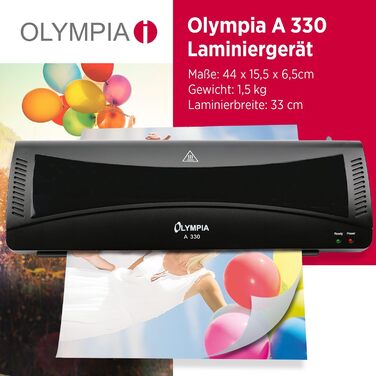Ламінатор Olympia A 330 Гаряче та холодне ламінування Ламінатор до A3 Захист від бульбашок Ламінатор Ідеально підходить для офісу, школи та домашнього офісу Ламінатор з пакетами для ламінування (один)