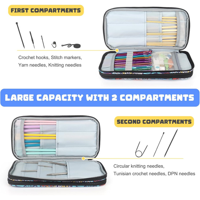 Чохол для зберігання гачків для спиць Aeelike, подвійна сумка-органайзер на блискавці для зберігання туніського гачка для вязання, набір спиць і аксесуарів для вязання, синій тотем (БЕЗ аксесуарів)