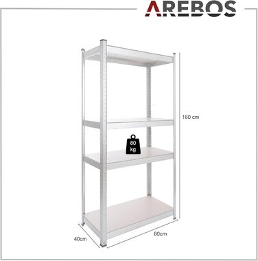 Надміцний стелаж Arebos 160 x 80 x 40 см Вантажопідйомність 320 кг Товщина 0,7 мм 4 полиці з МДФ Легке складання за допомогою системи вставок (гвинти не потрібні) Оцинкований