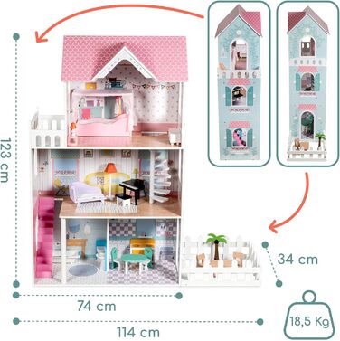 Дерев&39яний ляльковий будиночок 123 см зі світлодіодним підсвічуванням Великий ляльковий будиночок для дітей віком від 3 років з меблями та садом Ляльковий будиночок з підсвічуванням та аксесуарами Креативний ігровий будиночок для дівчаток