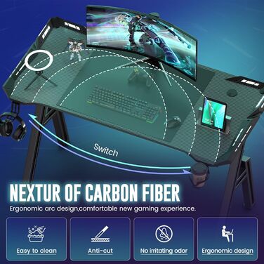 Ігровий стіл зі світлодіодним освітленням, 160x60 см, ігровий стіл з А-подібною рамою, стабільний ігровий стіл для ПК з крутим вуглецевим покриттям, ергономічний дизайн з гачком для навушників та підсклянником, легко збирається, 160 x 60 см зі світлодіодн