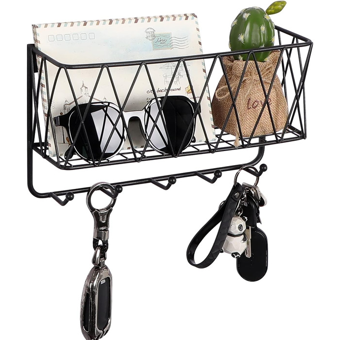 Ключниця настінна, тримач для листів з 5 гачками, міцна чорна металева сітка з матовим покриттям, 2916,59 см Настінна ключниця для