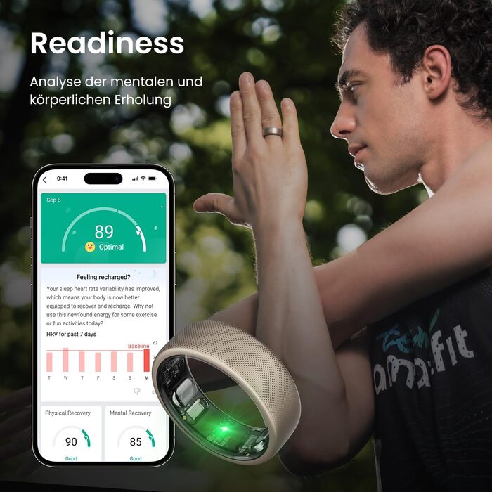 Розміру 12, розумне кільце з моніторингом сну, вимірюванням серцевого ритму, водонепроникністю 10 атм - надлегкий фітнес-трекер 3,82 г із часом роботи від батареї до 4 днів, 12-дюймовий