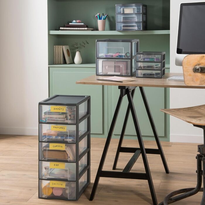 Пластикова коробка з шухлядами, сіра, 2 прозорі шухляди для паперу А4, висота 25,5 см, штабелюються, ідеально підходить для столу, класу, документів, аксесуарів А4 / 2 шухляди