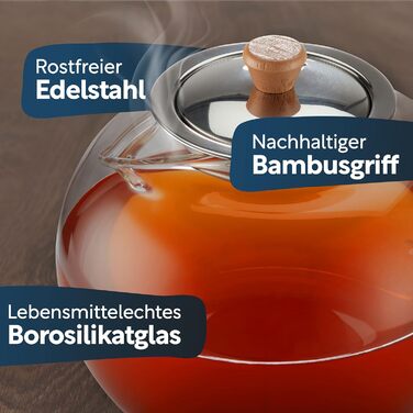 Чайник скляний з ситечком 1,5 літри, потовщене скло для кращої термоізоляції, підходить для використання зі свічковим підігрівачем, термочайник, міцний чайник для заварювання (1500 мл)