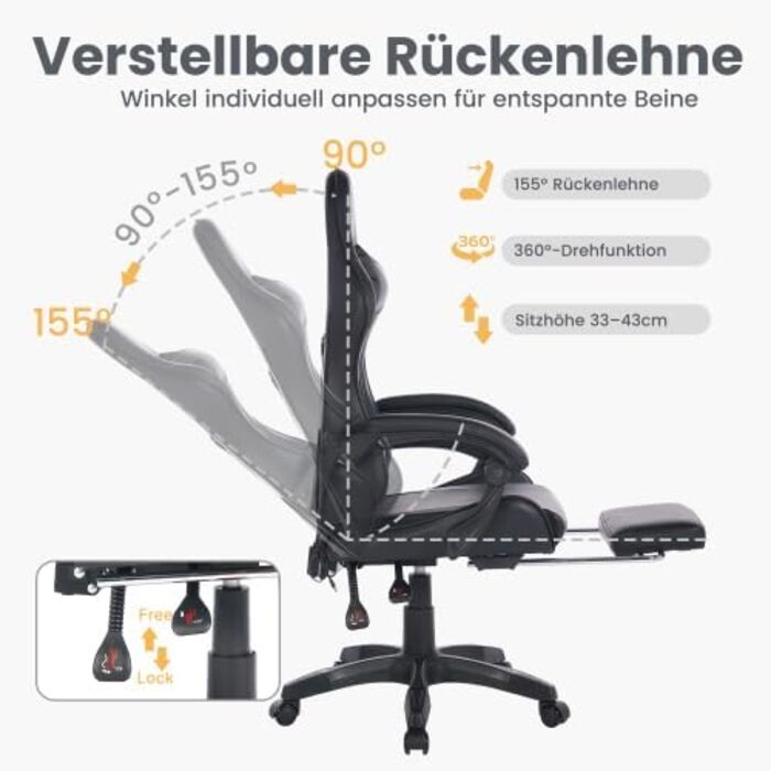 Професійне ігрове крісло ергономічне офісне крісло з регульованою опорою для голови та попереку підставкою для ніг, регулюванням висоти та поворотом на 360, вантажопідйомністю до 150 кг, чорного кольору