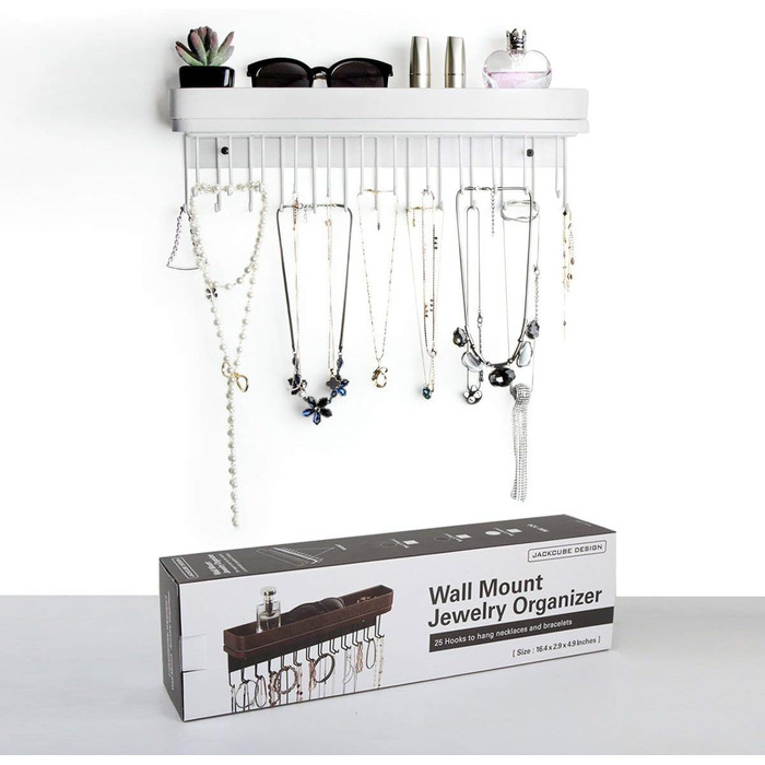 Підвісний органайзер для ювелірних виробів, тримач для намиста, браслетів, настінне кріплення, папка-ланцюжок з 25 гачками (білий/12 x 42 x 7 см) - MK124C