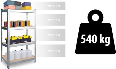 Металевий стелаж, стелаж для зберігання - полиця для зберігання та організації речей у складських приміщеннях, підвалах, гаражах, підсобних приміщеннях - виготовлений з металу та МДФ-плити - до 540 кг, розмір 150 x 75 x 30 см