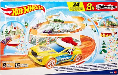 Іграшкові машинки Hot Wheels, календар на 2024 рік, 8 машинок Hot Wheels у масштабі 164, 16 зимових аксесуарів та ігровий килимок