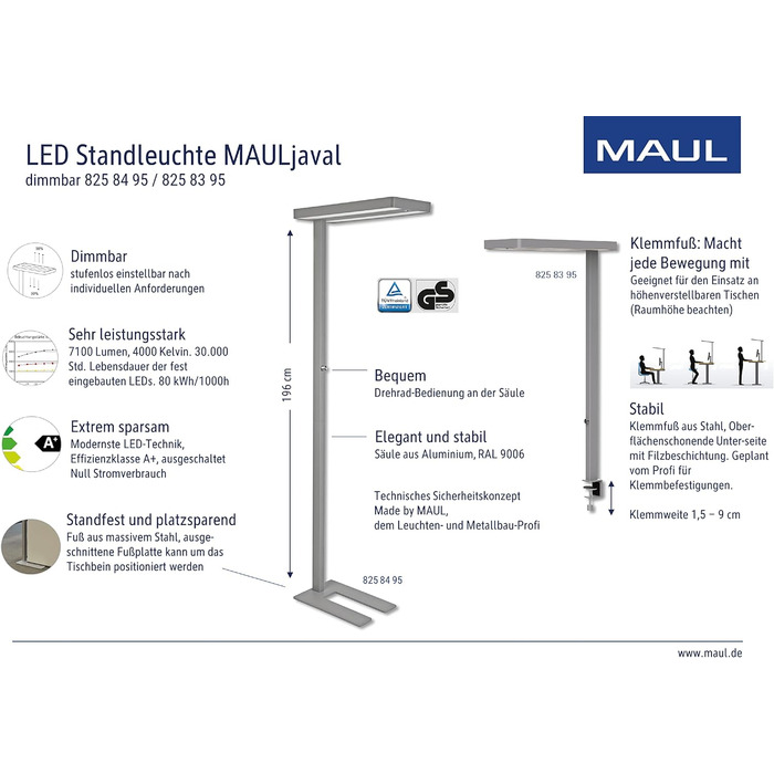 Світлодіодний затискач Maul Light Датчик MAULjaval Робоче світло з регулюванням яскравості для офісу Енергозберігаюча та зручна лампа з настільним затискачем з колірною температурою 4000К (Чорний, підставка)