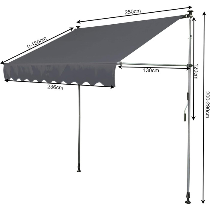 Тент QUICK STAR із затискачем 250x130 см, сірий, для балкону, сонцезахисний навіс, регульована висота від 200 до 290 см, для балкону без свердління