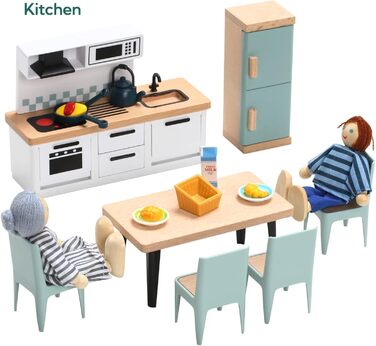 Набір меблів для лялькового будиночка "Гігантська квасоля", дерев&39яний, 36 предметів з 4 сімейними ляльками, аксесуари для ляльок, іграшка для хлопчиків, дівчаток та малюків від 3 років