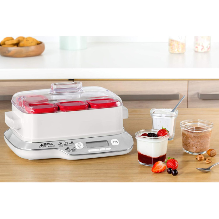 Йогуртниця, 6 червоних горщиків, йогурт, 5 автоматичних програм, молочні десерти, білий сир і м'які десерти, 140 мл, 100 без вміст