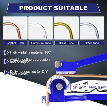Трубогиб, інструмент для згинання труб, трубогиб 3 в 1, трубогиб на 180 градусів, ручні плоскогубці для згинання труб на 1/4 дюйма, 5/16 дюйма, 3/8 дюйма, алюмінієві латунні мідні труби, тонкі порожнисті труби, сині