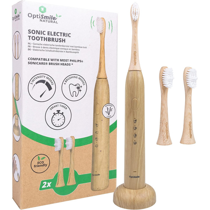 Електрична зубна щітка Optismile Bamboo Звукова зубна щітка Bamboo з акумуляторною потужністю Бамбукова ультразвукова зубна щітка з 5 модами та 2 бамбуковими головками, екологічно чиста та стійка