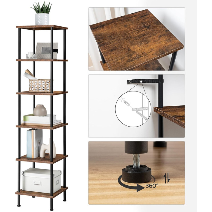 Полиця HOOBRO, 6-ярусна книжкова шафа, вузька кутова полиця, окремостояча полиця, промислова полиця, полиця для зберігання, офісна полиця, відкриті полиці для вітальні, спальні, балкона, кухні, вінтажний коричневий EBF55CJ01 Вінтажний коричневий чорний 30