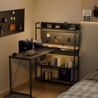 Г-подібний стіл Yansee, ігровий стіл з полицею, світлодіодне освітлення, порт зарядки USB, порт Type-C та розетка, кутовий стіл для домашнього офісу 120 x 50 x 75,5 см, чорний