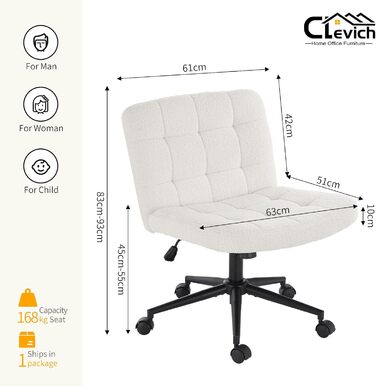 Офісне крісло Clevich без підлокітників, широке крісло з перехресним розташуванням сидіння, ергономічне крісло з регульованою висотою для домашнього офісу, кабінету, макіяжу, спальні (шерпа, білий)