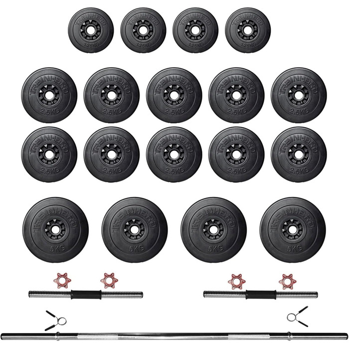 Багатофункціональна складна лава TrainHard з кріпленнями для згинання ніг та &quotметеликом&quot, протестована та сертифікована відповідно до EN957 / додатково комплект штанги, що складається зі штанги та гантелей, лава штанга та гантелі 50 кг