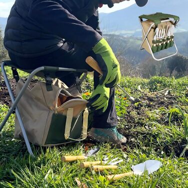 Складаний садовий табурет BIKAIN набір інструментів сумка для зберігання на блискавці включає 5 інструментів з деревяними ручками, коричневий