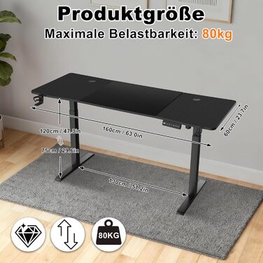 Стіл з електричним регулюванням висоти 160x60 см, карбонова поверхня та порт зарядки Type-C, ігровий стіл з функцією пам&39яті, робоча станція для ПК, стіл для роботи сидячи та стоячи, офісний стіл, чорний 160x60 см чорний