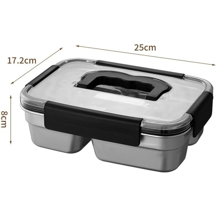 Ланчбокс з нержавіючої сталі, 1800 мл, з ручкою, герметичний, 3 відділення, придатний для використання в мікрохвильовій печі, контейнер для їжі для роботи, школи або пікніків (чорний)